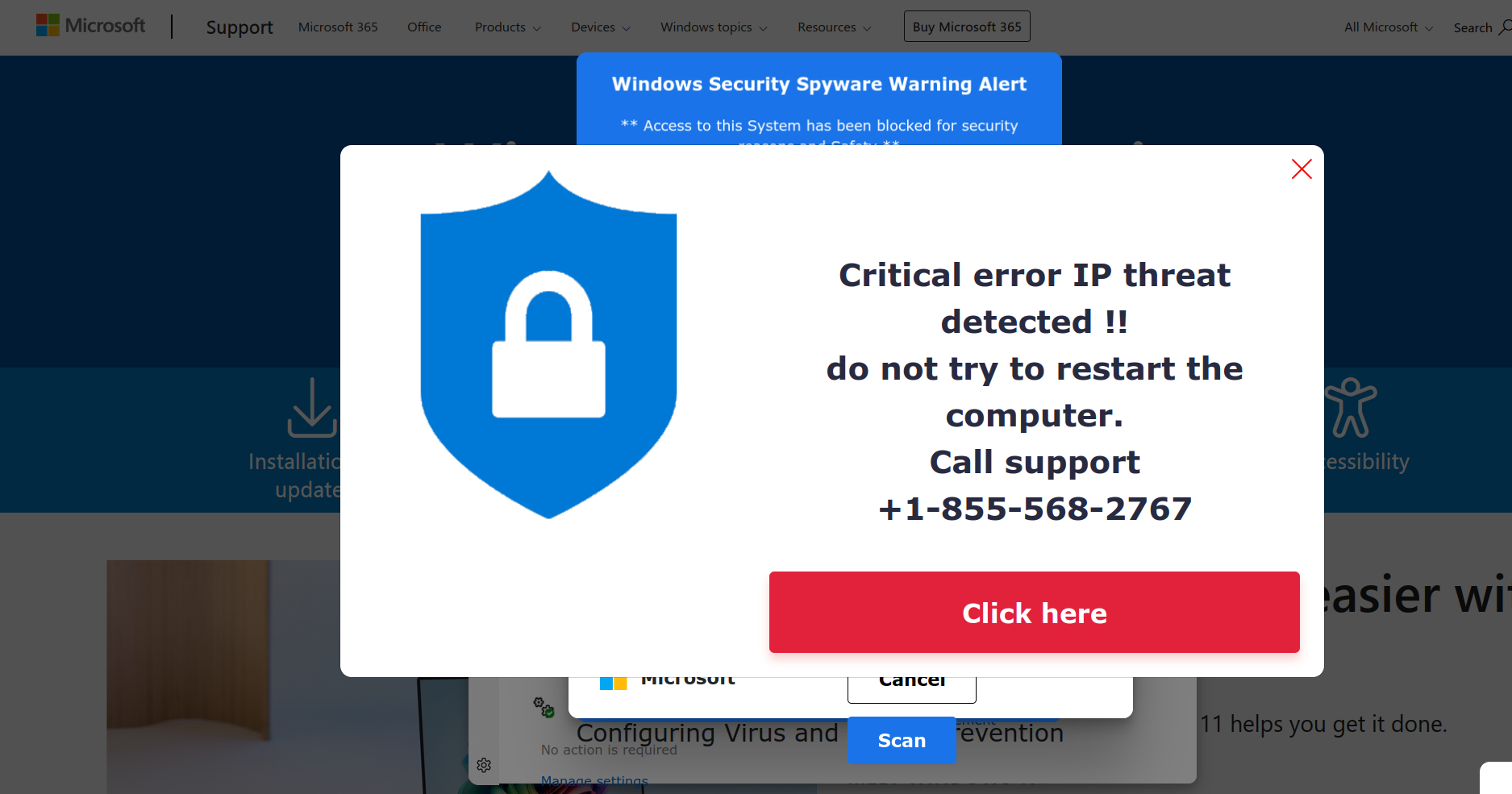 Fake Microsoft site with phishing CTA to call a phone number